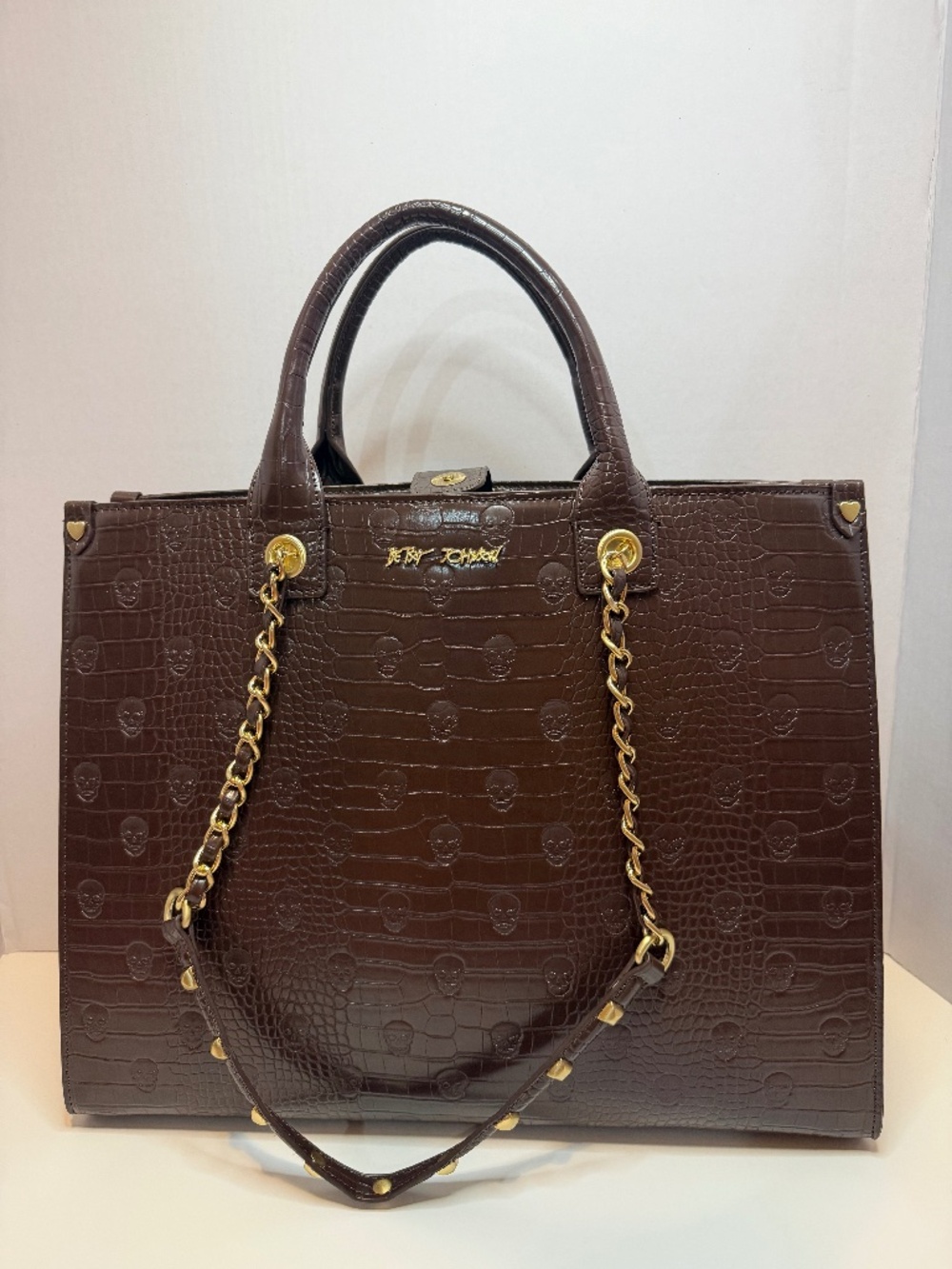 Betsey Johnson Brown Faux Croc Tote with Gold Chain Detail